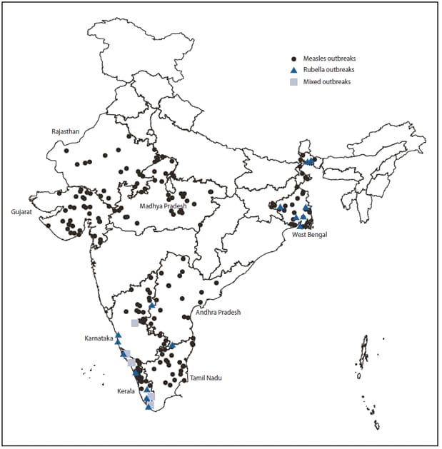 The figure shows laboratory-confirmed measles and rubella outbreaks in states conducting measles outbreak surveillance in India during 2010. During 2010, a total of 242 suspected outbreaks were investigated, and 198 (82%) were laboratory-confirmed as measles.
